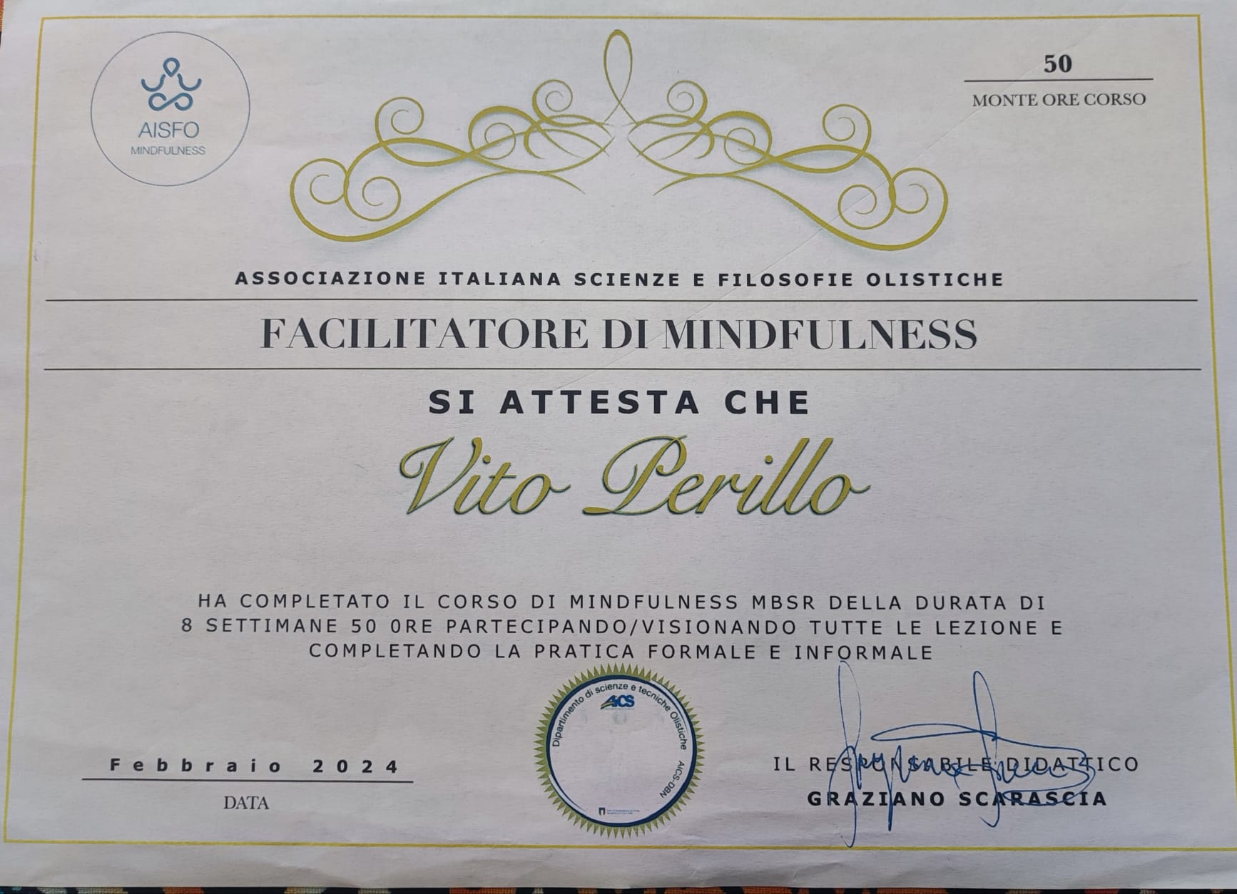 certificato facilitatore mindfulness vito perillo roma monteverde meditazione