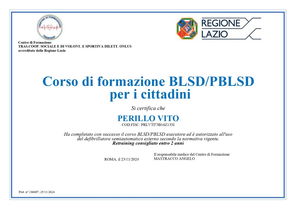 corso di formazione BLSD per i cittadini Perillo Vito