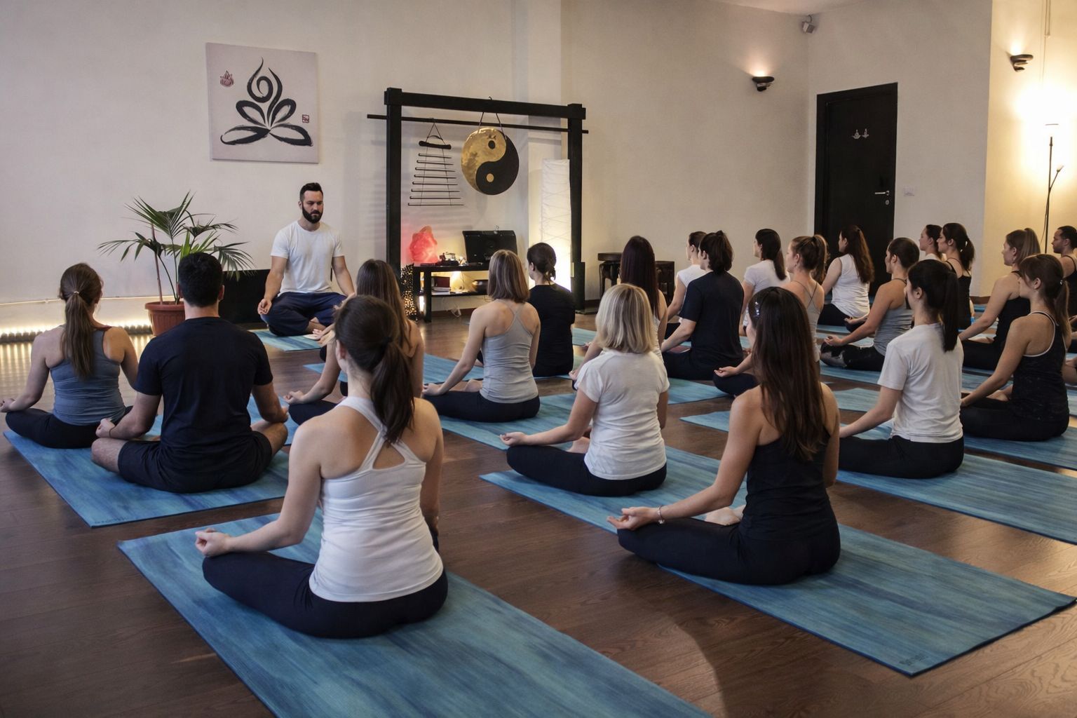 Evento gratuito di Hatha Yoga e Yoga Nidra a Roma Monteverde presso Yoganostress con sala piena e circa 20 partecipanti in pratica guidata
