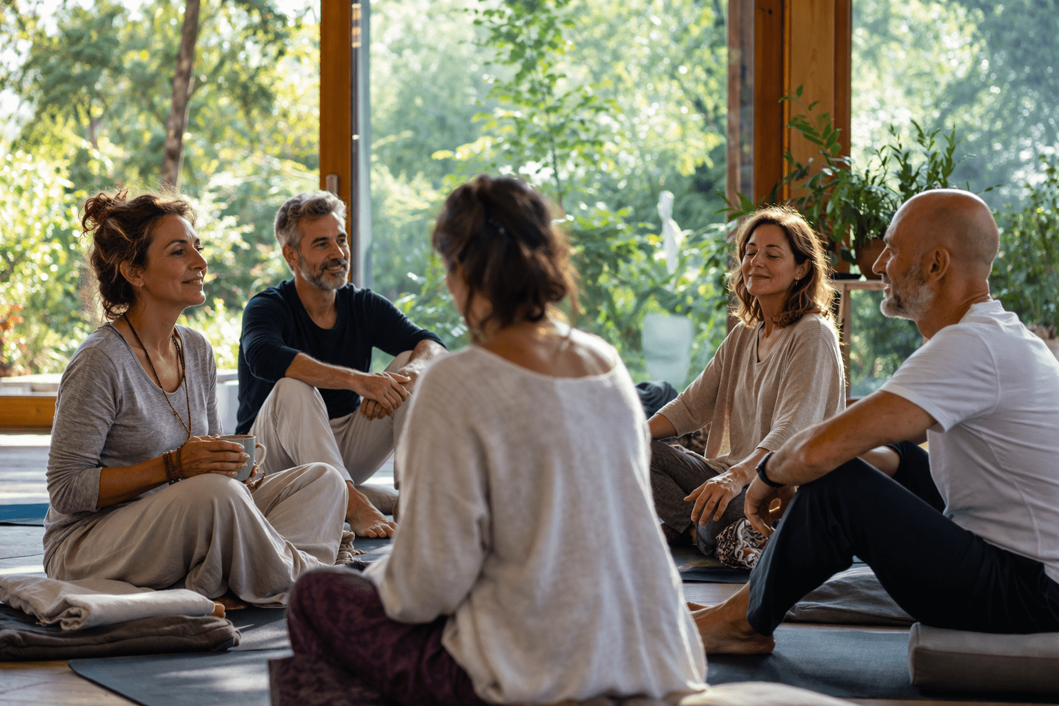 Gruppo di adulti in ritiro yoga rilassati dopo la pratica in un ambiente luminoso immerso nel verde