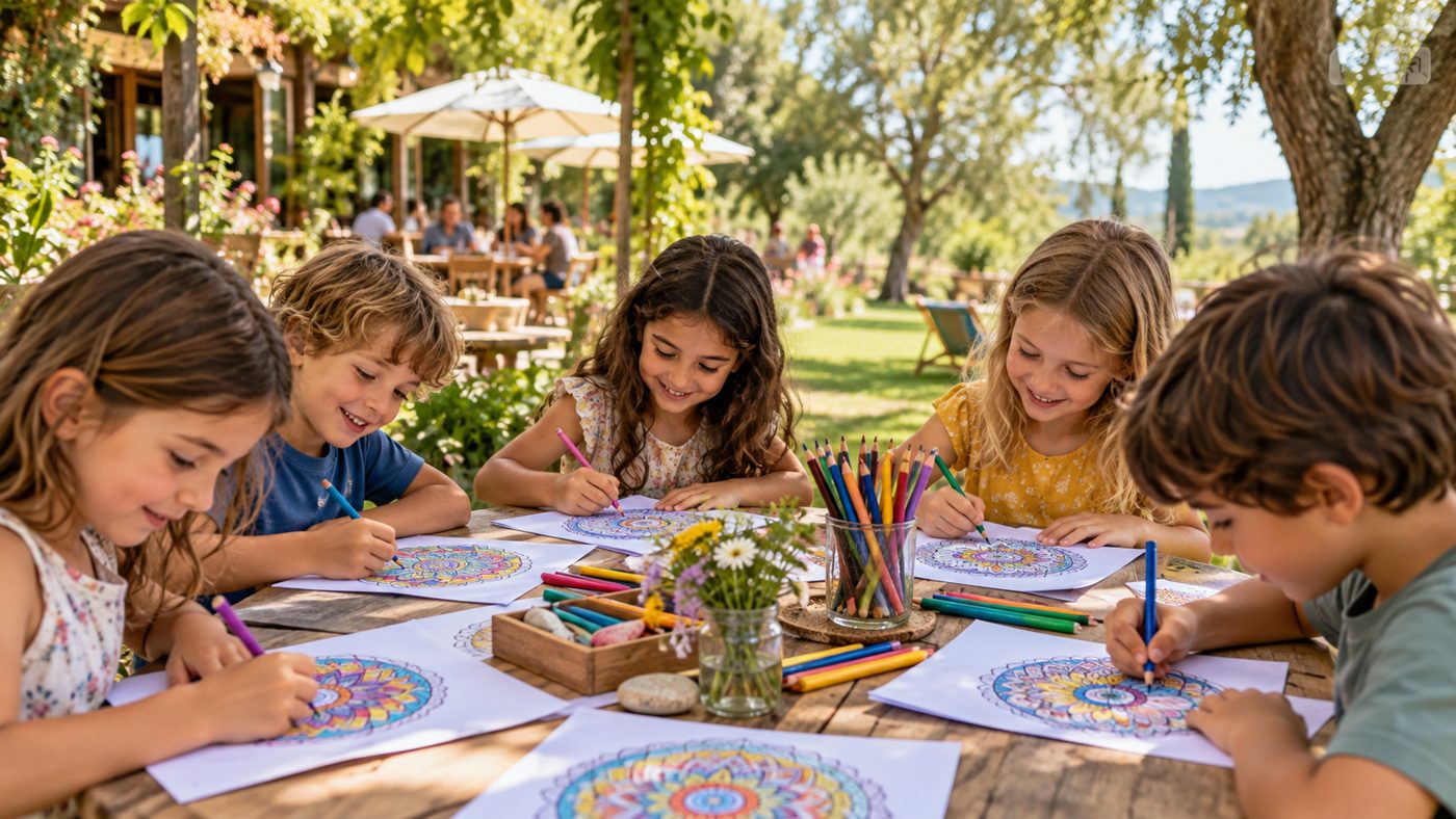 Cinque bambini impegnati in un laboratorio creativo di Mandala all'aperto, nella natura